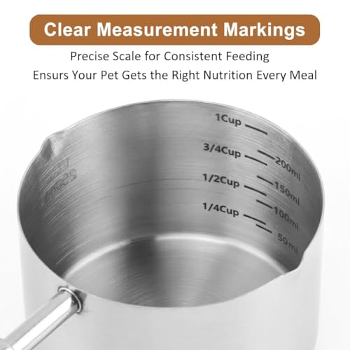 Dog Cat Food Scoop 1 Cup, 304 Stainless Steel Dog Food Measuring Cup with 410 Medium Scoop, Multi Purpose Tool with Walnut Wooden Handle for Pet Food, Rice, Flour, Precision Scale Measurements