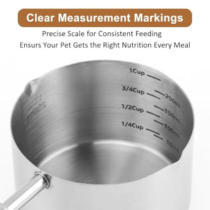 Dog Cat Food Scoop 1 Cup, 304 Stainless Steel Dog Food Measuring Cup with 410 Medium Scoop, Multi Purpose Tool with Walnut Wooden Handle for Pet Food, Rice, Flour, Precision Scale Measurements