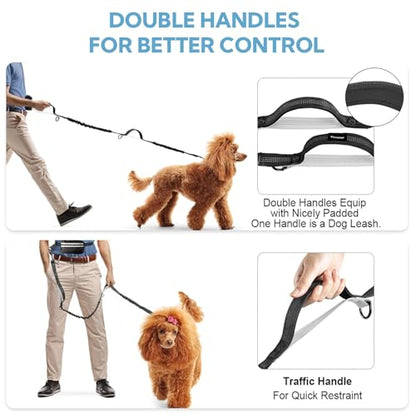 Hands Free Dog Leash, Adjustable Waist Belt with Double Padded Handles, Retractable Bungee for Medium & Large Dog, Running, No Pull,Black Grey - color: Black/Silver Gray