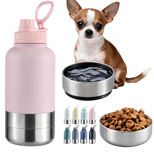 Cibaabo Insulated Dog Water Bottle with 2 Bowls, 32oz Travel Stainless Steel Double Wall Thermos, Portable Pet Dispenser, Gifts for Puppy Small Medium Dogs Walking Hiking and Camping - color: Blush Pink