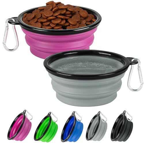 Collapsible Dog Bowl 2 Pack, Dog Water Bowls for Travels, Portable Foldable Pet Bowls Feeding Watering Dish for Parking Walking Camping with 2 Carabiners Clip (12oz, Small, Grey+Purple) - color: Grey+Purple, size: Small