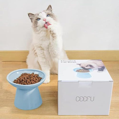CEEFU Extra Wide Elevated Ceramic Cat Bowl, 6.2" Shallow Dish for Whisker Fatigue Relief, 5" Height for Easy Feeding, Durable Raised 2 Cat Food Bowls, Blue - color: Baby Blue-2 Food Bowl