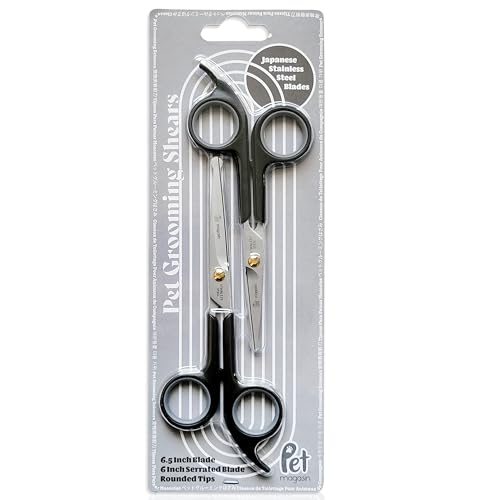 Pet Magasin Japanese Stainless Steel Grooming Scissors (2) for Facial Hair and Larger for Body Trimming with Round Tip (Black) - color: Black
