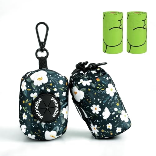 Petmolico Dog Poop Bag Holder Leash Attachment, Dog Waste Bag Dispenser Zippered Pouch, Fits Any Dog Leash, Includes Free Roll of Dog Bags, Poop Bag Dispenser - 2 Packs, Mixed Cyan&Flower - color: Cyan&Flower