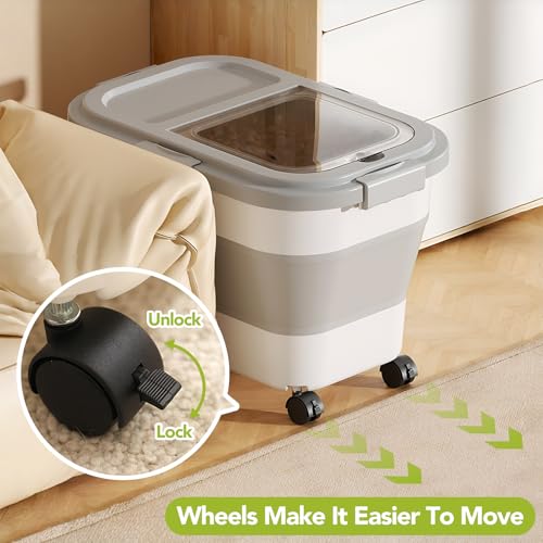 Summark 15 Lbs Dog/Cat Food Storage Container,Collapsible Food Storage Containers with Rolling Wheel Airtight Locking Lid,Pet Food Storage Container with Cup and Scoop,Grey - color: Grey