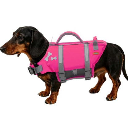 EMUST Dog Life Vests, Adjustable XS Dog Life Jacket with Rescue Handle, Puppy Flotation Vest for Small/Medium/Large Dogs, BrightPink, XS - color: Bright Pink, size: XS