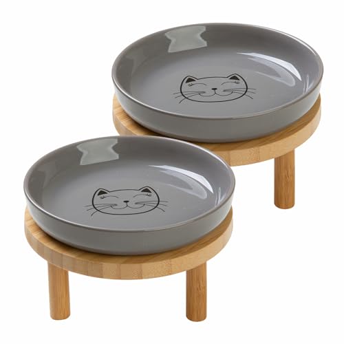 Lusifaco Shallow Elevated Cat Bowls,5.9 Inch Wide Raised Ceramic Cat Dishes with Bamboo Stand, Whisker Friendly Pet Water or Food Plates Feeding Station for Indoor Cats, Kitten(Grey,Set of 2) - color: Grey