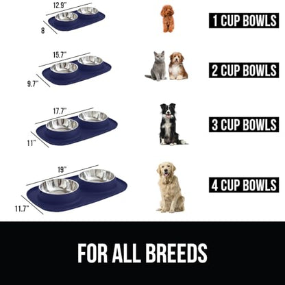 GORILLA GRIP Dog Bowl Set with Slip Resistant Silicone Feeding Mat, 3 Cup, Food Grade 304 Stainless Steel Bowls, BPA Free, High Edge Spill Containment, Dishwasher Safe, Finger Notch Removal, Navy Blue - color: Navy, size: 3 Cup Bowls