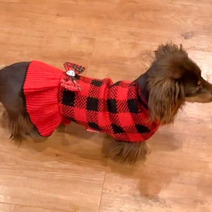 KYEESE Dog Christmas Sweater Dress with Bowtie Checkered, Turtleneck Dog Sweater for Small Dogs Girl with Leash Hole, Holiday Warm Pet Sweaters Dress, Red, Medium - color: 09#Red Plaid, size: Medium (6-13lbs)