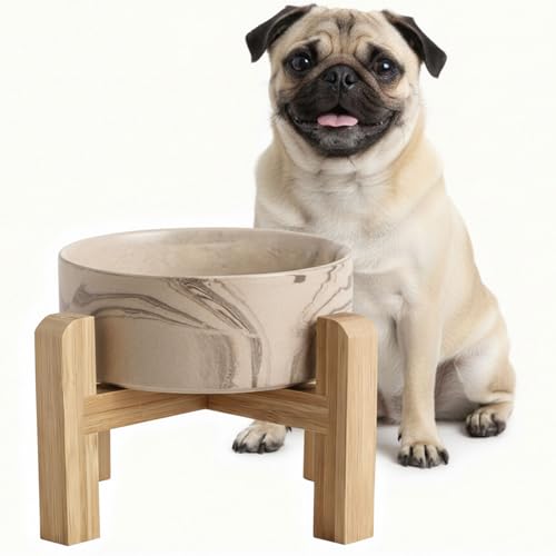 hjn Elevated Ceramic Dog Bowl with Bamboo Stand, Raised Pet Feeding Station for Small Medium Dogs Cats, Modern Design with Anti-Slip Base (Marble Brown, 3.6Cup) - color: Marble Brown, size: 3.6Cup