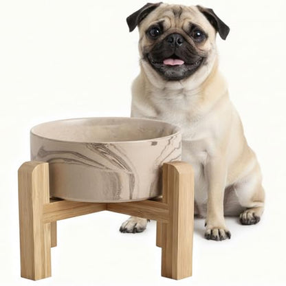 hjn Elevated Ceramic Dog Bowl with Bamboo Stand, Raised Pet Feeding Station for Small Medium Dogs Cats, Modern Design with Anti-Slip Base (Marble Brown, 3.6Cup) - color: Marble Brown, size: 3.6Cup