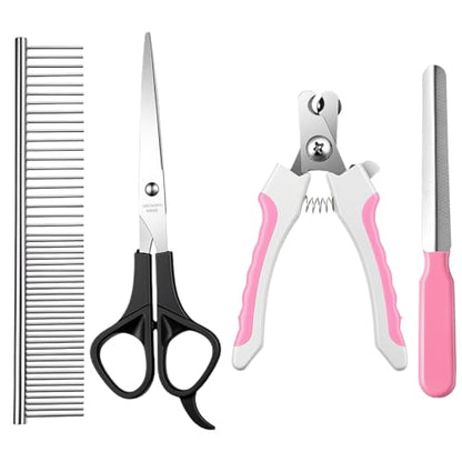 4 PCS Cat Dog Nail Clippers Trimmers Set, Professional Cats Dogs Pet Claw Clipper Sharpener and Hair Grooming Scissors Comb Tools for Small, Medium and Large Breeds, Cats, Rabbits, Guinea Pigs
