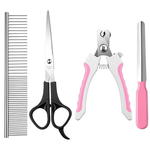 4 PCS Cat Dog Nail Clippers Trimmers Set, Professional Cats Dogs Pet Claw Clipper Sharpener and Hair Grooming Scissors Comb Tools for Small, Medium and Large Breeds, Cats, Rabbits, Guinea Pigs