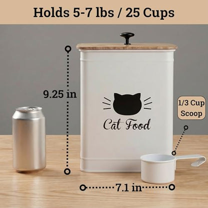 Cat Food Storage Container with Scoop - 5-7 lb (25 Cup) Capacity Metal Cat Food Container with Airtight Bamboo Lid and Metal Scoop - Airtight Pet Food Storage Containers 5 lb - 7 lb Kibble Container - color: White