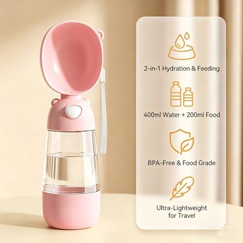 2-in-1 Dog Water Bottle, 400ML Water + 200ML Food Leak-Proof Pet Travel Water Dispenser with Detachable Bowl, BPA-Free Portable Dog Water Bottle for Walking, Hiking, Travel (Pink) - color: Pink