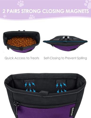 Gobeigo Dog Treat Pouch and Training Clicker, Upgrade Two Magnetic Closure to Prevent Spills, 2 Cup Treat Bag with Poop Bag Dispenser, Metal Clip Waist Belt Fanny Pack for Pet Walk (Black/Purple) - color: E-Black/Purple