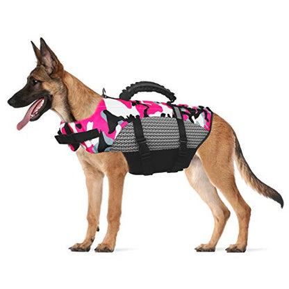 Dog Life Jacket Pet Safety Vest,Adjustable Lifesafer Swimming Vest, Dog Life Jacket for Swimming,Reflective Preserver with Rescue Handle for Small Medium and Large Dogs (XX-Large, Pink), XXL
