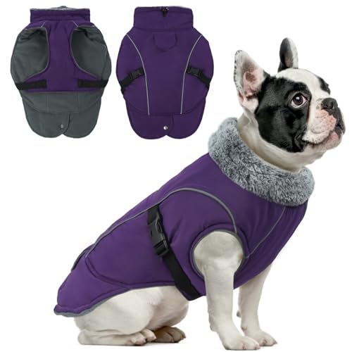 DENTRUN Warm Dog Winter Coat, Easy On Reflective Turtleneck Fleece Jacket | Adjustable buckle, easy on off, windproof & water-repellent, thick fleece snowsuit, outfit fits small to large breeds - color: Purple, size: Small