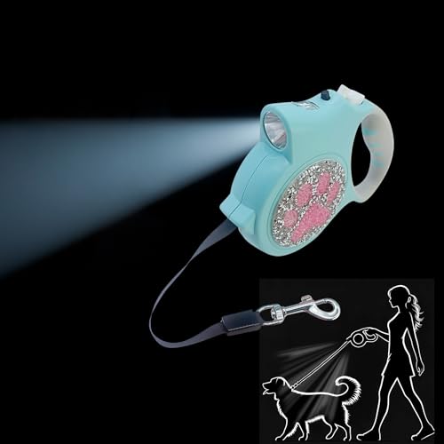Led Retractable Dog Leash – 16ft Leash with Handcrafted Sparkle Detail Tangle-Free One-Hand Brake Soft Grip Handle for Small & Medium Dogs Up to 77lbs (DL-Lake Blue) - color: DL-Lake Blue