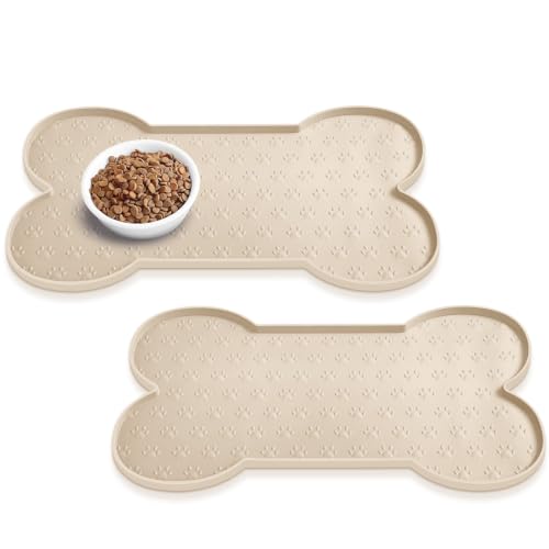 PWTAA Dog Food Mat Anti-Slip Silicone Dog Bowl Mat Thicker Pet Placemat Waterproof Cat Feeder Pad with Raised Edge Puppy Kitten Feeding Mats Suitable Small Medium-Sized Dogs Cats Eating Tray - 2PCS - color: Beige, size: 25.6" x 13"-2PCS