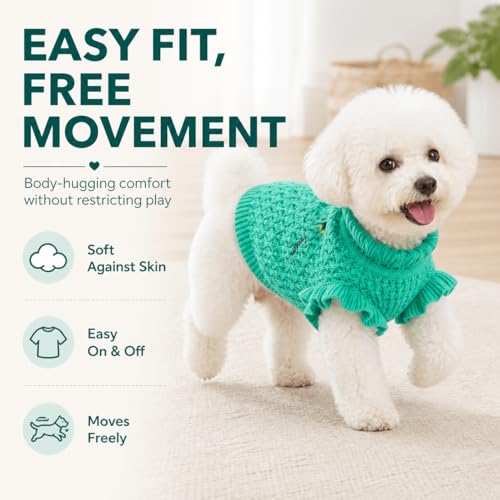 Dog Sweater for Small Dogs, Textured Knit with Ruffle Collar, Lightweight Breathable Girl Dog Clothes, Cute Puppy Sweater for Daily Wear Photoshoot (Green,L) - size: Large