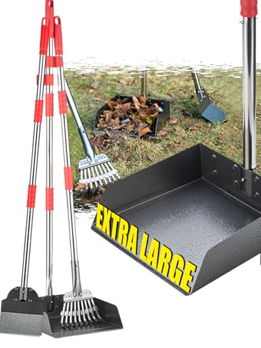 FUSBUNTY Dog Pooper Scooper Set, Pooper Scooper for Dog, Heavy Duty Stainless Steel Rake with Extra Large Tray & Spade No Bending Clean Up for Pet Waste Removal, for Grass, Dirt Or Gravel. - color: Red-Extra Large
