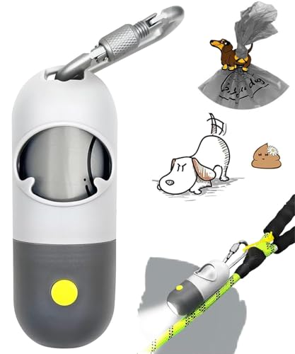 Dog Poop Bag Holder with LED Flashlight for Night Walks,Silicone Tether & Dachshund Pattern Clip for Used Bags,Hands-Free Metal Leash Carabiner,15 Scented Waste Bags(Light Grey) - color: Light Grey