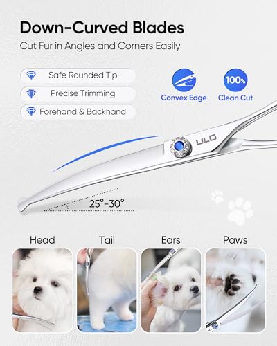 ULG Curved Dog Shears for Grooming, 7 Inch Professional Curved Dog Grooming Scissors for Trimming and Cutting, Japanese Stainless Steel Pet Hair Scissors - size: 7.0 Inch (Curved)