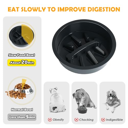 ADENGL 10" Elevated Dog Bowls – Metal Raised Dog Bowl Stand with 2 x 1700ml Stainless Steel Bowls, 1 Slow Feeder & Non-Slip Mat for Dogs - color: Black-L, Slow Feeder, size: Height:10inch