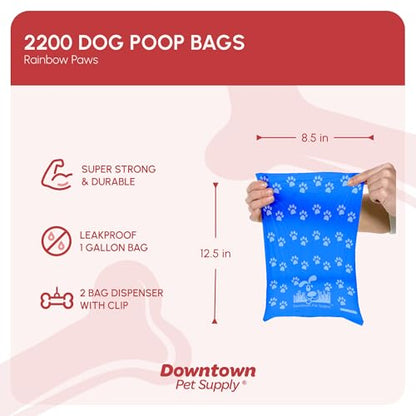 Downtown Pet Supply Rainbow Paw Print Poop Bags (2200 CT & 2 Dispensers) - Leak-Proof, Unscented, Clips to Leashes & Harnesses - color: Rainbow Paws, size: 2200 Count (Pack of 1)