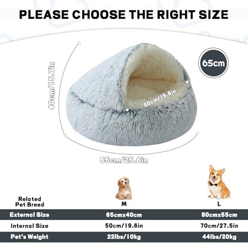 YUDANSI Calming Small Dog Bed & Indoor Cat Bed - Plush Fluffy Hooded Cave Nest, Anti-Slip Self-Warming, Removable Washable Zipper Cover, Built-in No-Collapsing Support (Grey-65cm/26in) - color: Grey-65cm