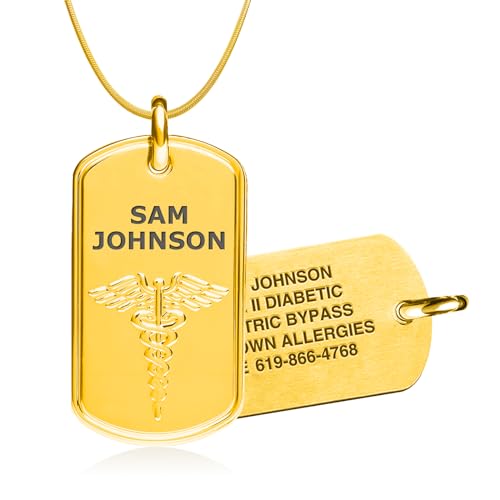 Divoti Custom Laser Engraved Medical Alert Necklace for Men | 28" Ball Chain with Lobster | Personalized Dog Tag ID with Black caduceus | Stainless Steel, Durable Waterproof Design - color: PVD Gold, style: 28" Snake Chain