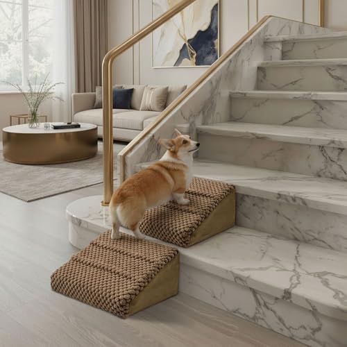 Dog Ramp for Stairs - Dog Steps-Anti-Slip Foam Stair Wedges for Small & Senior Dogs,Gentle Slope Pet Steps with Washable Corduroy Cover, Self-Sticky Pads for Safe Climbing (Reddish Brown, 2-Pack) - color: Reddish Brown, 2-Pack