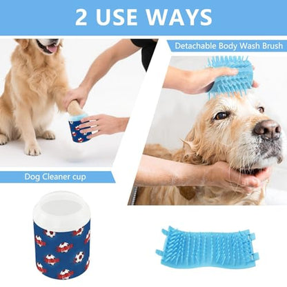 Sports Soccer Ball Blue Print Dog Paw Cleaner Cup with Soft Silicone Brush, Lightweight Portable Small Muddy Paw Washer for Dogs, Easy to Use Pet Foot Cleaner