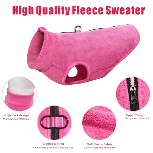 Idepet Dog Fleece Vest Sweater Zip Up Warm Pullover Dogs Jacket with D-Ring Leash Winter Cold Weater Coat Pet Sweatershirt Clothes Hoodie for Small Medium Dogs Boy Girl (Rose Red, XS) - color: Rose Red, size: XS