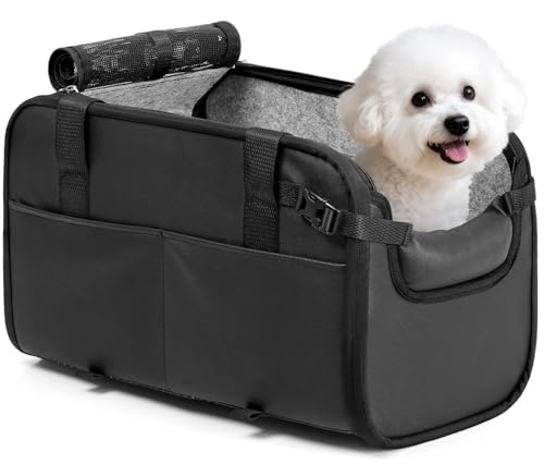 YUDODO Large Dog Car Seat for Center Console (Width＞9.5in) Fits 10-18lbs, Anti-Slip Puppy Cat Travel Portable Booster Seat, Luxury Pet Car Bed Carseat PU Leather Black - color: Black, size: L (Truck SUV) (10-18lbs)