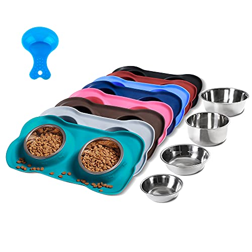 Hubulk Pet Dog Bowls 2 Stainless Steel Dog Bowl with No Spill Non-Skid Silicone Mat + Pet Food Scoop Water and Food Feeder Bowls for Feeding Small Medium Large Dogs Cats Puppies (Medium, Green) - color: Green, size: Medium