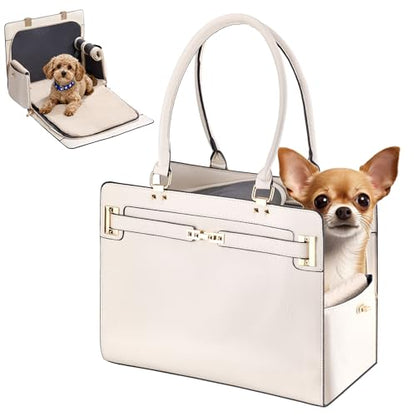 Dog Purse Carrier for Small Dogs, Stylish Foldable Pet Carrier Purse Tote Bag with Washable Cushion & Safety Leash, Airline Approved Puppy Travel Bag with Pockets (White) - color: White