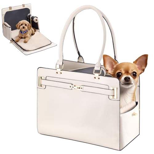 Dog Purse Carrier for Small Dogs, Stylish Foldable Pet Carrier Purse Tote Bag with Washable Cushion & Safety Leash, Airline Approved Puppy Travel Bag with Pockets (White) - color: White