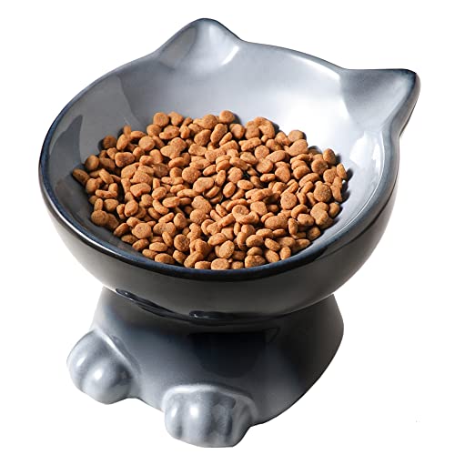 Nihow Elevated Cat Bowls,6 Inch Ceramic Raised Cat Food Bowl for Feeding | Slanted,Whisker Friendly,for Protecting Pet's Spine,Microwave & Dishwasher Safe ,Elegant Gray,6.8 OZ - color: Gray, size: 6.8 OZ
