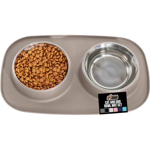 GORILLA GRIP Dog Bowl Set with Slip Resistant Silicone Feeding Mat, Food Grade 304 Stainless Steel Bowls, BPA Free, High Edge Spill Containment, Dishwasher Safe, Finger Notch Removal, 1 Cup, Beige - color: Beige, size: 1 Cup Bowls