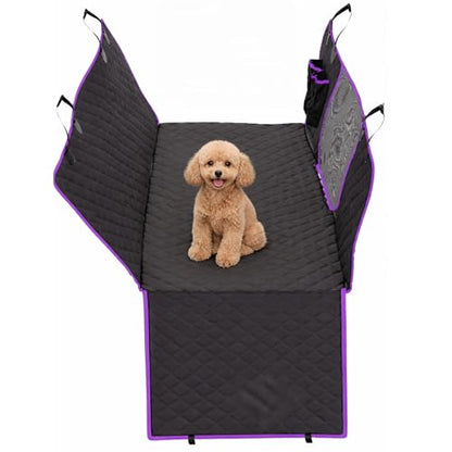 Dog Car Seat Cover, Back Seat Pet Cover - Waterproof, Scratchproof, Nonslip, Backseat Protection from Fur, Dirt, Accidents, Car Size, Black/Purple Color, Safety Harness Included - color: Black with Purple Trim, size: Car Size (Standard)