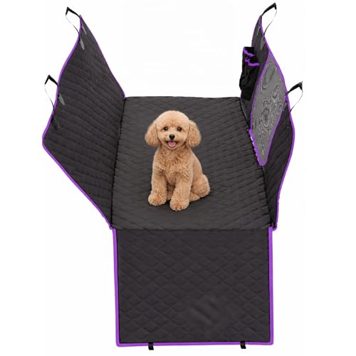Dog Car Seat Cover, Back Seat Pet Cover - Waterproof, Scratchproof, Nonslip, Backseat Protection from Fur, Dirt, Accidents, Car Size, Black/Purple Color, Safety Harness Included - color: Black with Purple Trim, size: Car Size (Standard)
