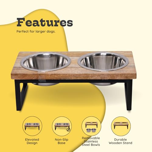 Elevated Dog Bowls, Medium 5.2 Height Mango Wood Raised Dog Bowl Iron Stand Frame with 64oz 2 Pcs Stainless Steel Pets Dishes, Food & Water 8Cup, 1.9L Capacity Nonslip Cat Feeding Station - size: 5.2 Inches / 64oz 2 Bowl