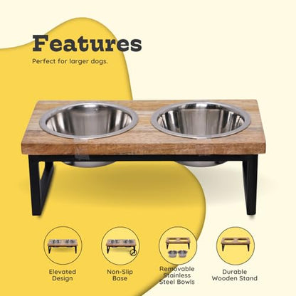 Elevated Dog Bowls, Medium 5.2 Height Mango Wood Raised Dog Bowl Iron Stand Frame with 64oz 2 Pcs Stainless Steel Pets Dishes, Food & Water 8Cup, 1.9L Capacity Nonslip Cat Feeding Station - size: 5.2 Inches / 64oz 2 Bowl
