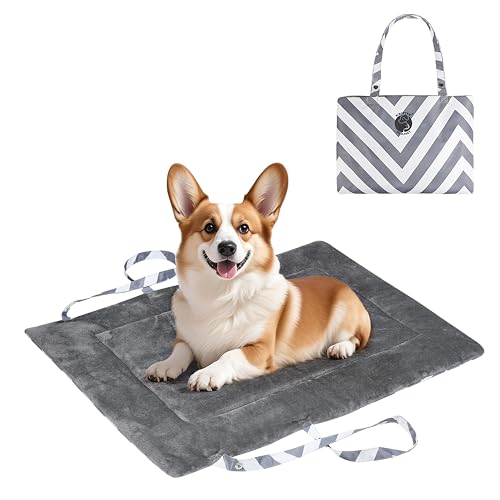 Kritter Planet Waterproof Foldable Dog Bed Pad for Camping & Travel, Portable Roll-Up Dog Bed Car Seat Pet Cushion Mat with Handles for Small & Medium Dogs, Indoor & Outdoor Use, Grey Chevron Striped - color: Grey Chevron Striped, size: 31"x24"