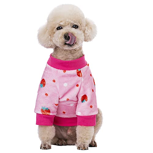Thick Small Dog Clothes, Flannel Puppy Hoodie, Pink Strawberry Print Pet Sweatshirt, Cat Apparel (S, Pink) - color: Pink Strawberry, size: Small