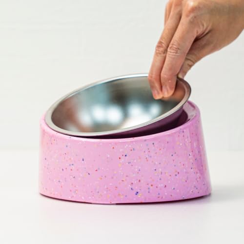 bzyoo 16oz Tilted Dog Bowl for Small Dogs & Cats, 15° Elevated Stainless Steel Pet Feeder, Ergonomic Anti-Vomiting Food Bowl for Frenchie, Pug, Persian Cat, Non-Skid Melamine Stand, Sprinkle (Pink) - color: Pink