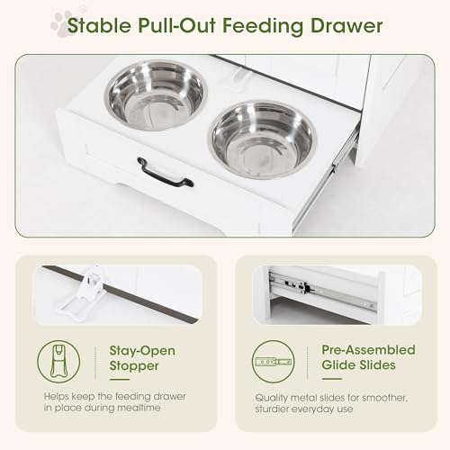 Dog Feeding Station with Storage Cabinet, White Wood Dog Cabinet with 2 Elevated Stainless Steel Bowls, Hidden Pull-Out Feeder Drawer, Pet Feeding Station for Kitchen and Living Room - color: White