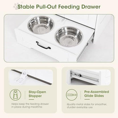 Dog Feeding Station with Storage Cabinet, White Wood Dog Cabinet with 2 Elevated Stainless Steel Bowls, Hidden Pull-Out Feeder Drawer, Pet Feeding Station for Kitchen and Living Room - color: White